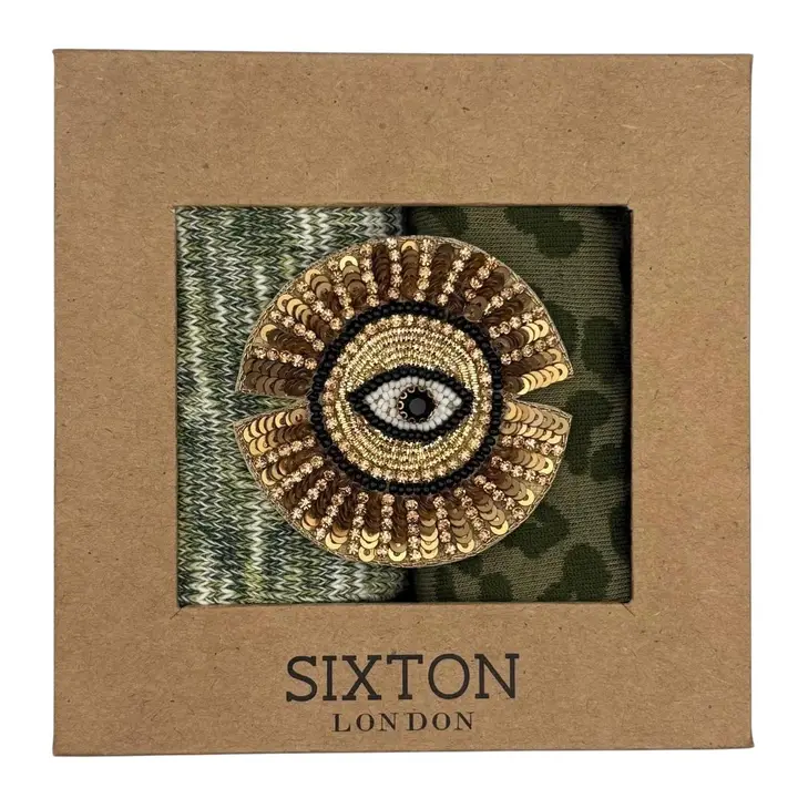 Duo de boîtes de chaussettes Green Fargo & Ivy Leopard avec épingle Sunray Eye