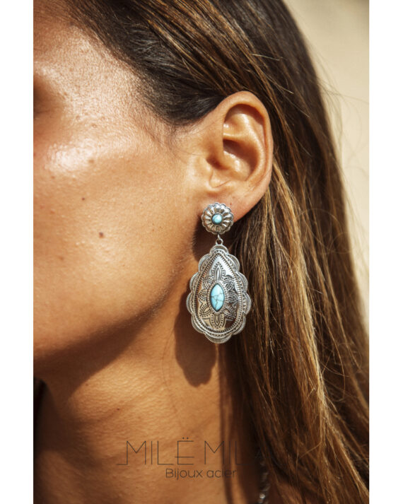 boucle d'oreille bohème chic turquoise goutte argent vieilli