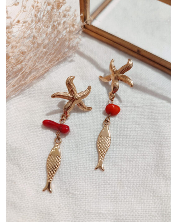boucle d'oreille étoile de mer poisson corail dorée