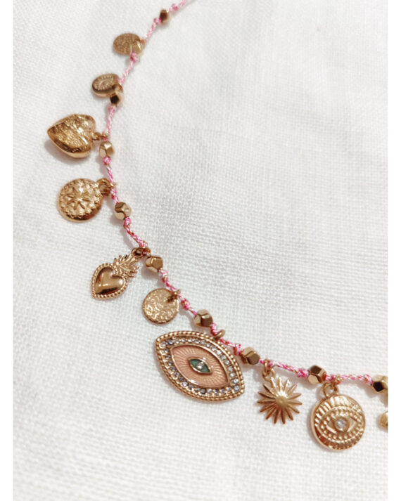 Collier breloques oeil rose doré